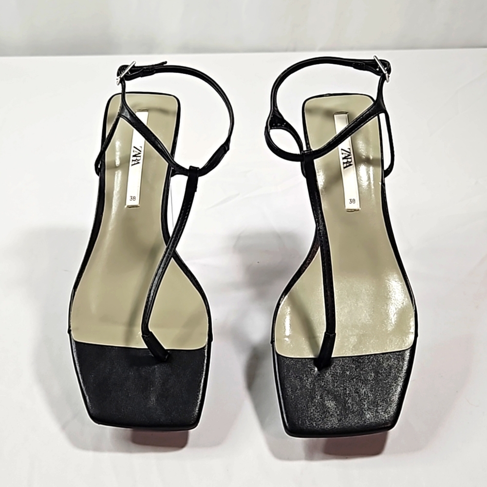 Zara Black Leather Kitten Heel Sandals Size 38
